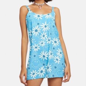 BSR By Samii Ryan Sky Blue Smiley Daisy Floral Print Spaghetti Strap Mini Dress